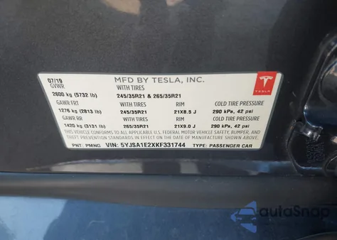 2019 Tesla Model S 100D/75D/Long Range/Standard Range z USA, uszkodzony, nr VIN 5YJSA1E2XKF331744